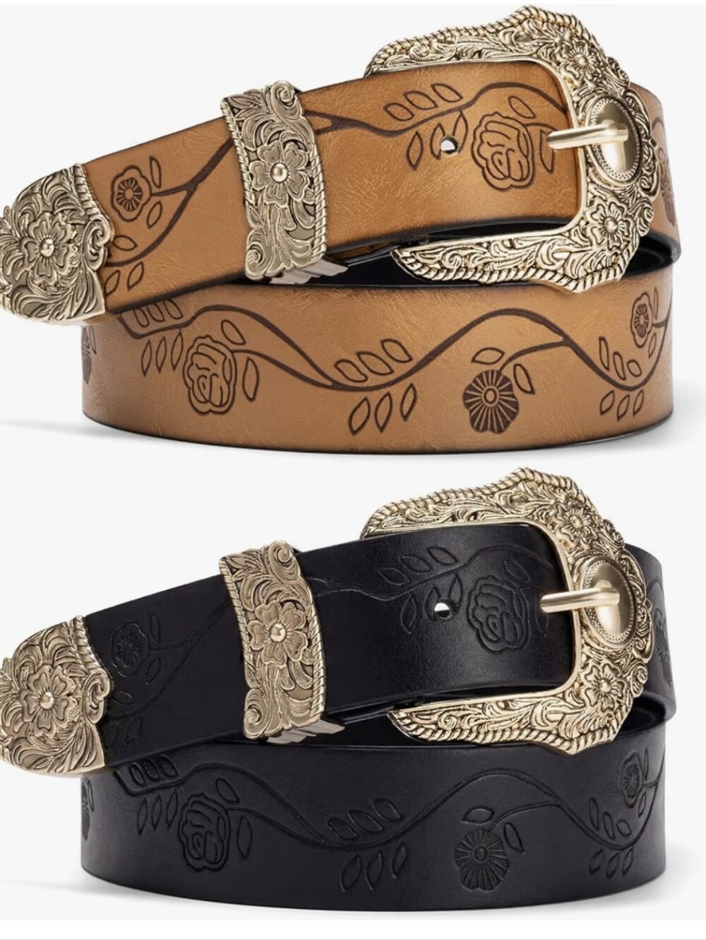 2 Western Floral Embossed Leather Belts